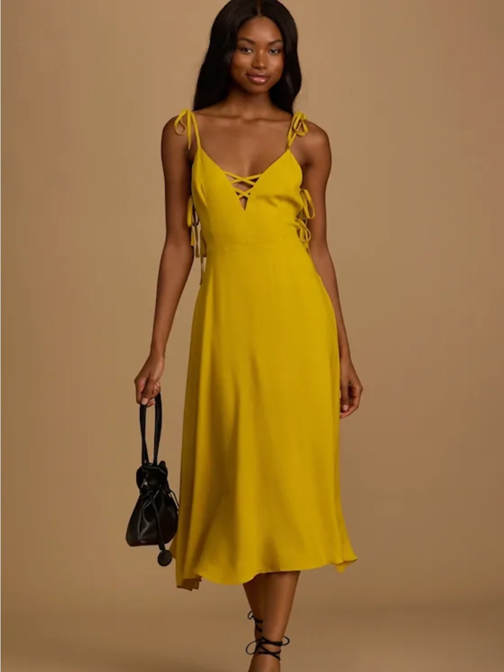 Lulus Women's Mustard Tie-Shoulder Midi Date night Resort Feminine Dress